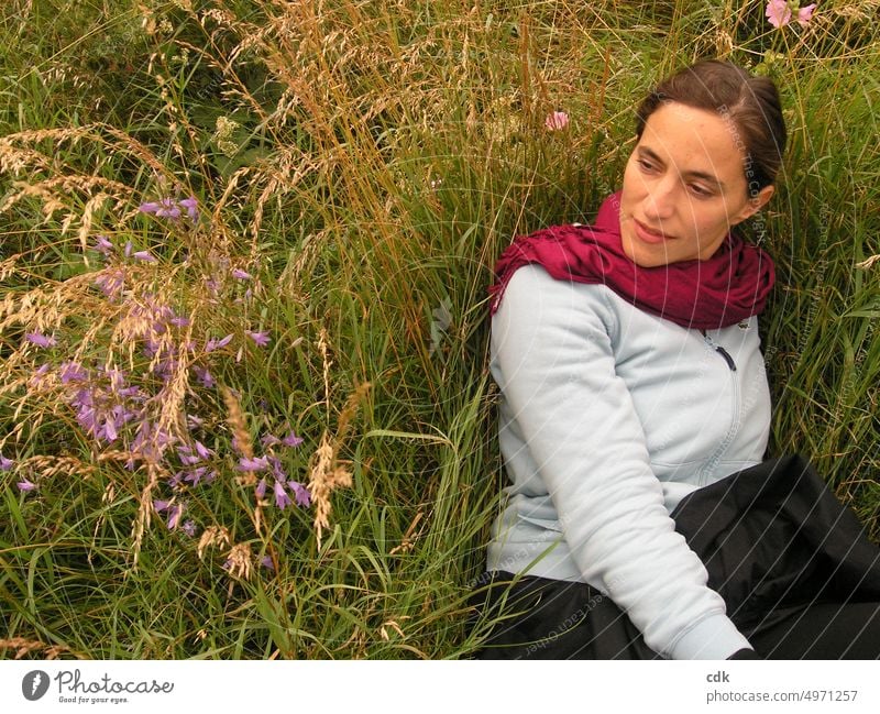 Im hohen Gras liegen und tagträumen. Erwachsene Frau Porträt lächeln Gesicht Wiese Blumenwiese schauen betrachten. sinnieren nachdenken fühlen spüren beobachten