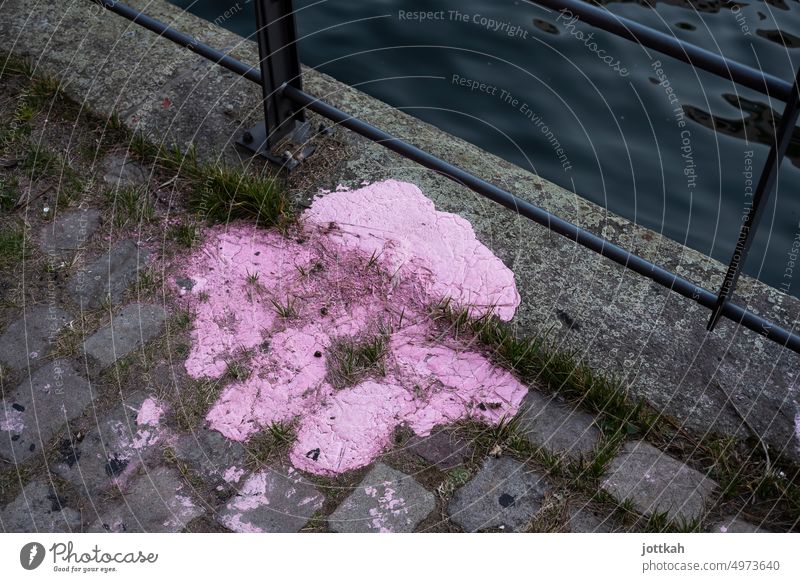 riesiger pinker Farbfleck auf Kopfsteinpflaster Pink Farbe auffällig Boden Fußboden Fleck dreckig knallig knallige Farbe unerwartet Geländer Kanal Wasser
