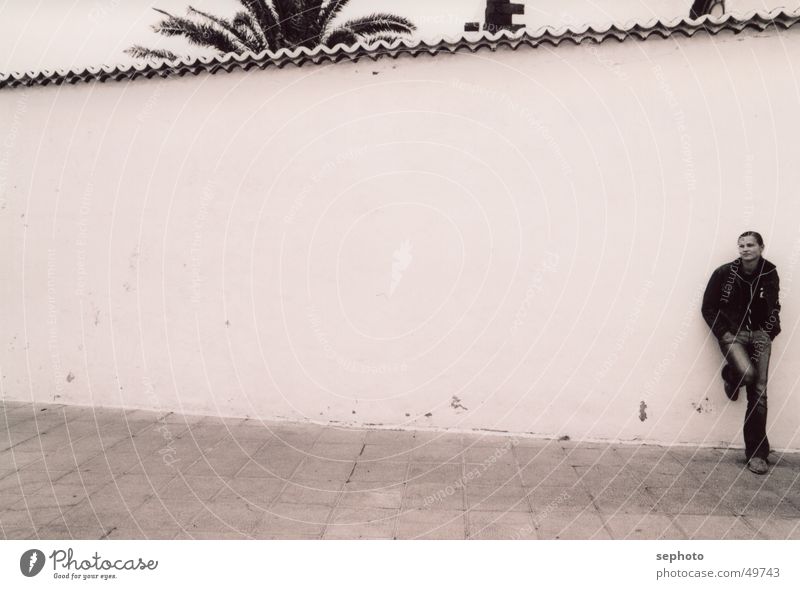 Teguise im Nebel Frau Mauer Palme Lanzarote Spanien Platz Hintergrundbild Backstein weiß Schuhe ruhig verträumt träumen Kanaren gemäßigt Elektrizität Beine