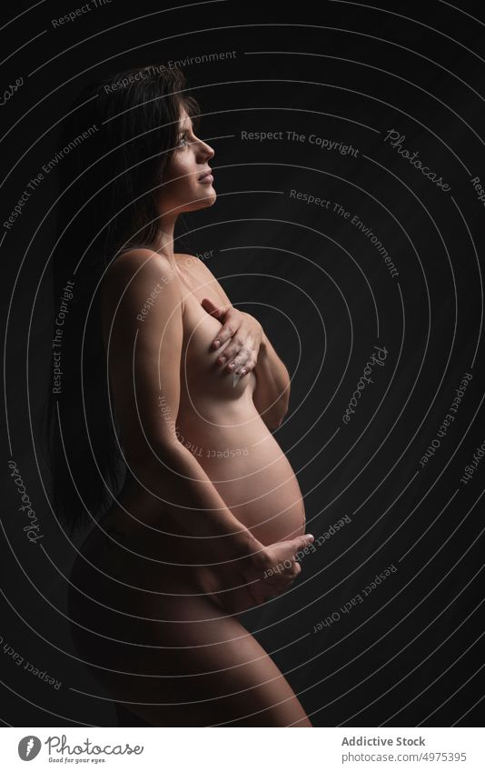 Nackte schwangere Frau auf dem Boden stehend nackt Bauch erwarten mütterlich Mutterschaft Schwangerschaft Glück Liebe Baby Pflege Lächeln Angebot brünett