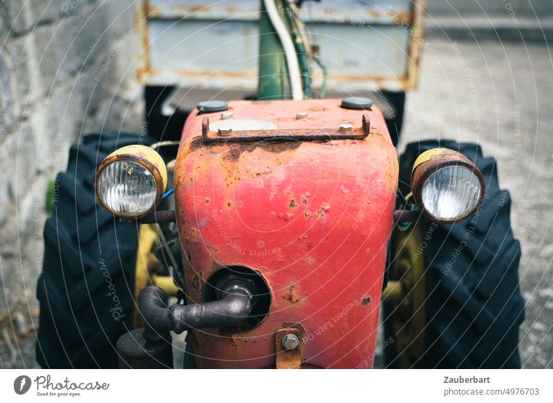 Alter roter Traktor mit zwei Scheinwerfern, Rostflecken und freundlichem "Gesicht" Trecker alt rostig Auspuff Reifen Arbeit Garten Landwirtschaft Maschine