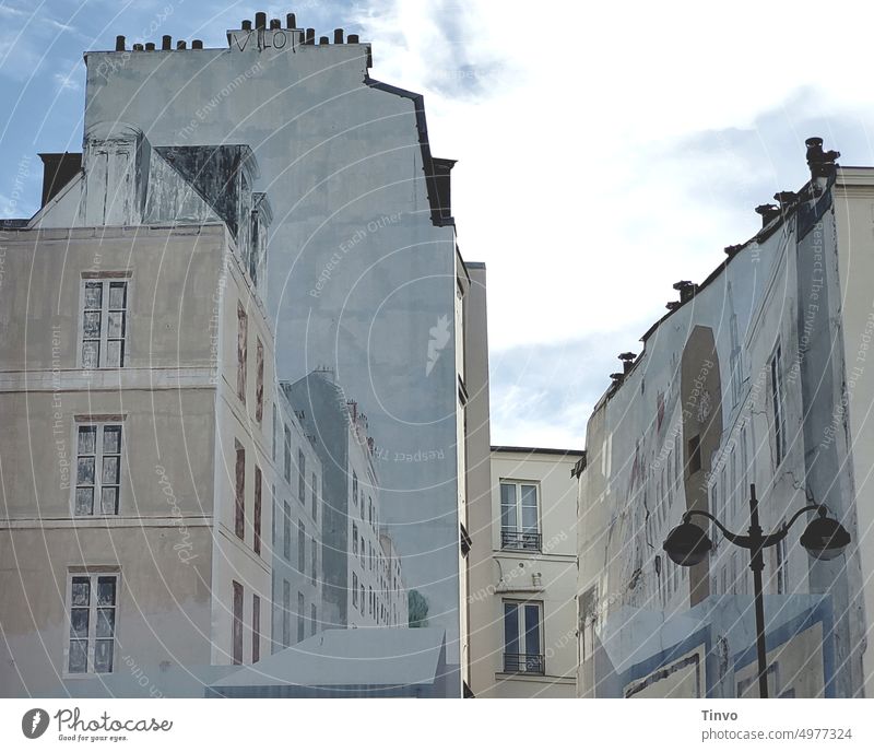Bemalte Fassaden in Paris Fassadenmalerei Haus Gebäude Außenaufnahme Mauer Stadt Menschenleer Farbfoto Architektur 3D-Effekt Malerei Bemalung Straßenlaterne