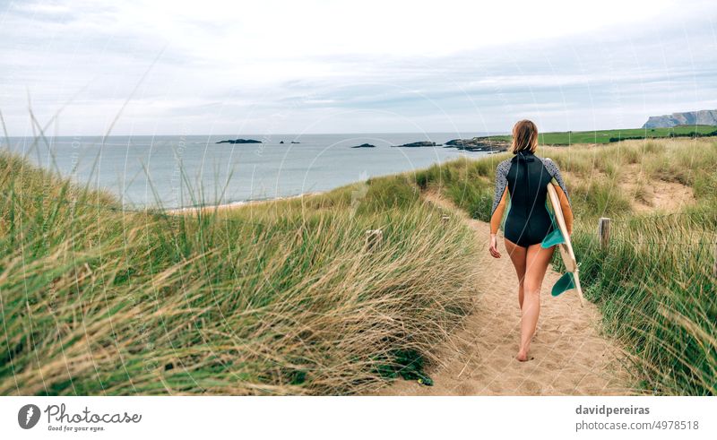 Surferin mit Neoprenanzug und Surfbrett auf dem Weg zwischen den Dünen zum Strand Frau jung laufen Textfreiraum Winter Küste Silhouette Rücken Menschen