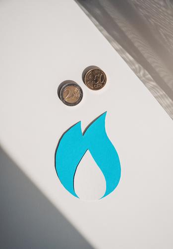 Erdgassymbol mit Euro-Münzen, Erdgaspreiskonzept Gas Gasverbrauch Benzingeld Einsparung natürliche Ressourcen Gaswirtschaft Gas sparen Ressourcenschonung