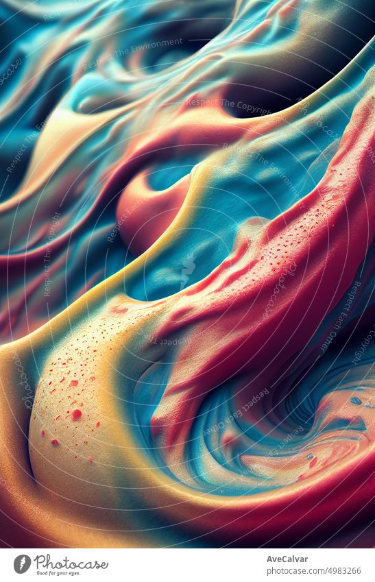 Bunte Acrylfarbe in Bewegung mit Formen strukturiert. Regenbogenfarbe, Abstrakte Kunst Hintergrund. Öl auf Leinwand. Raue Pinselstriche von Farbe. Nahaufnahme. Stark texturierte, hochwertige Details
