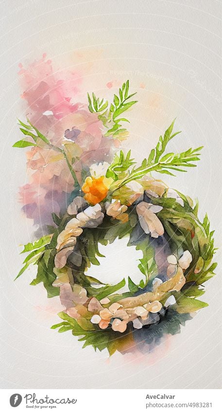 Aquarell einfache Blumenkranz und Pflanze Zweige Kranz, von Hand auf einem weißen Hintergrund gemalt, skandinavischen Stil mit Grün, Runde Urlaub Rahmen für Einladungen, Grußkarten. Boho Lebensstil