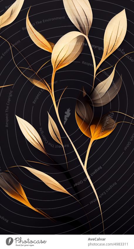 Luxus Blumen digitale Illustration Hintergrund mit goldenen Farben in Linie Kunst-Stil. Botanische Poster mit Aquarell Blätter in der Kunst Linie Stil für Dekor, Design, Tapete, Verpackung