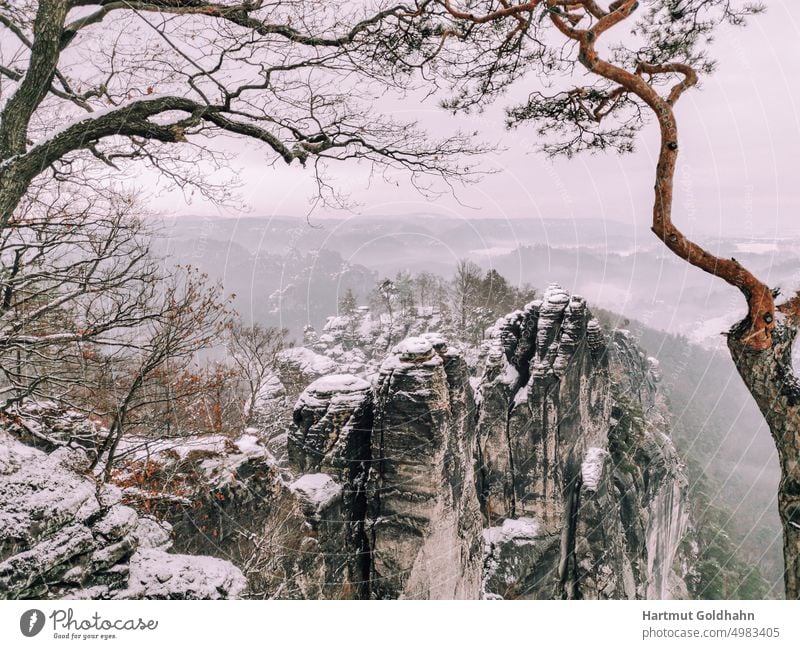 Blick von der Basteiaussicht auf die verschneite Felsenlandschaft der Sächsischen Schweiz. Sächsische Schweiz Landschaft Winter Schnee Berge Natur Gebirge