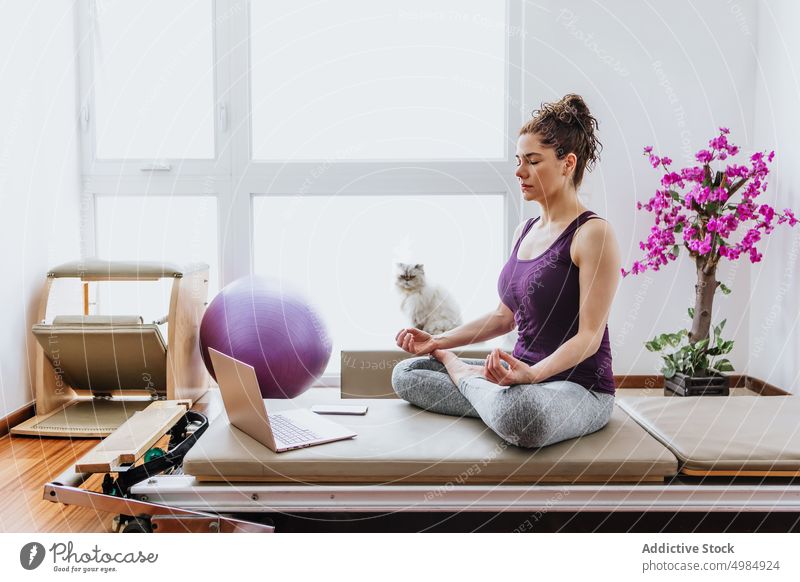Fitte junge Frau meditiert in Lotus-Pose während einer Yoga-Fernstunde zu Hause meditieren padmasana online Laptop Augen geschlossen Erholung Wellness Katze