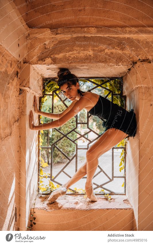 Porträt einer Ballerina am Fenster Balletttänzer jung Mädchen Klassik Tänzer Tanzen Frau Licht Kaukasier Stil Eleganz professionell Kleid schwarz Rahmen