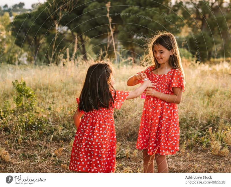 Niedliche Mädchen blasen Seifenblasen in sonnigen Tag Schwester Glück spielerisch Sommer Natur Schlag rot rotes Kleid Unschuld heiter sorgenfrei Sonnenlicht