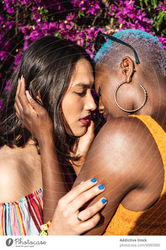 Multiethnisches lesbisches Paar küsst sich im Freien Kuss Liebe Zuneigung stylisch lgbt Homosexualität Mode Bonden Zusammengehörigkeitsgefühl jung multiethnisch