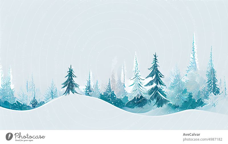 Weihnachten schneebedeckten Winterwald Landschaft mit Kopie Raum. Weihnachtsbaum. Hintergrund, Konzept für Gruß oder Postkarte.Winter-Grußkarte Flugblatt Header Weihnachtsdekoration Hintergrund