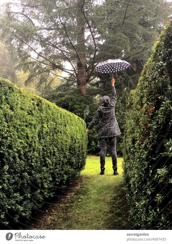 [HH unnamed road] Gräfin Poppins nass Hecke Park grün schwarz Punkte hochhalten Schirm Tanne Durchgang Fluchtpunktperspektive Frau fliegen Regenschirm