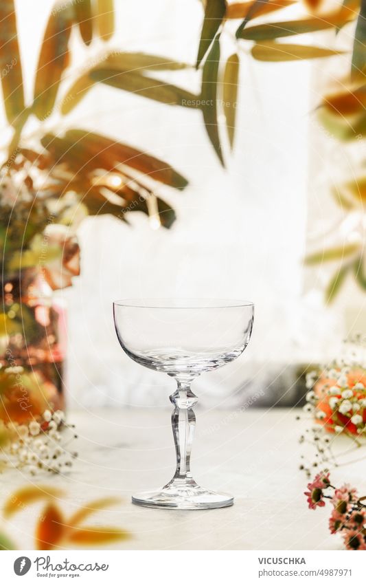 Leeres Champagner-Cocktailglas auf Tisch mit Herbstlaubrahmen, Vorderansicht leer Sektglas Blätter Rahmen gelb elegant Einstellung weiß Getränk Stillleben Glas
