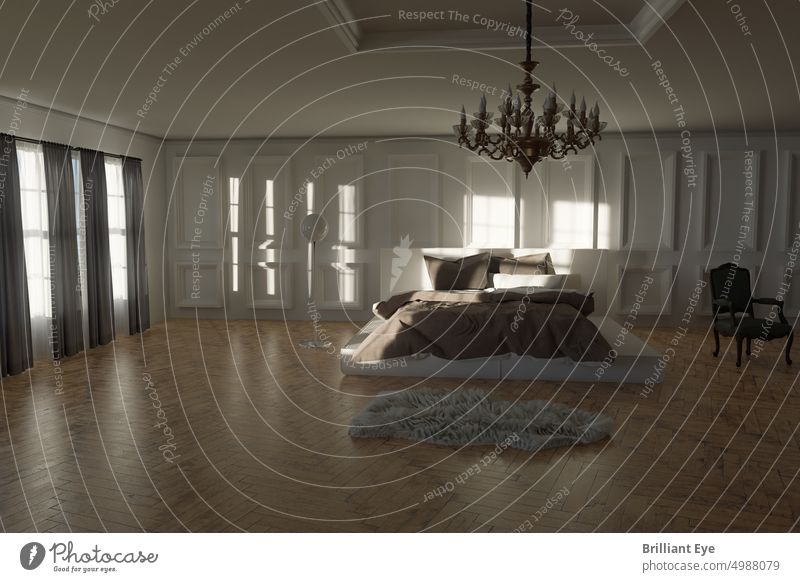 Klassisches Schlafzimmer-Apartment mit gemütlichem Bett 3D-Rendering gealtert Appartement Architektur Hintergrund hell Gebäude Sonnenlicht Teppich Zimmerdecke