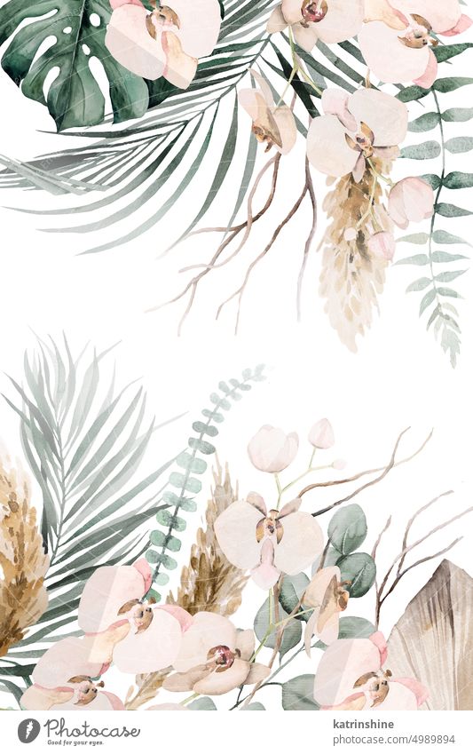 Boho Hochzeit Aquarell Grenzen mit beige und teal grün tropische Blätter und Orchidee Blumen Illustration botanisch Dekoration & Verzierung exotisch Laubwerk