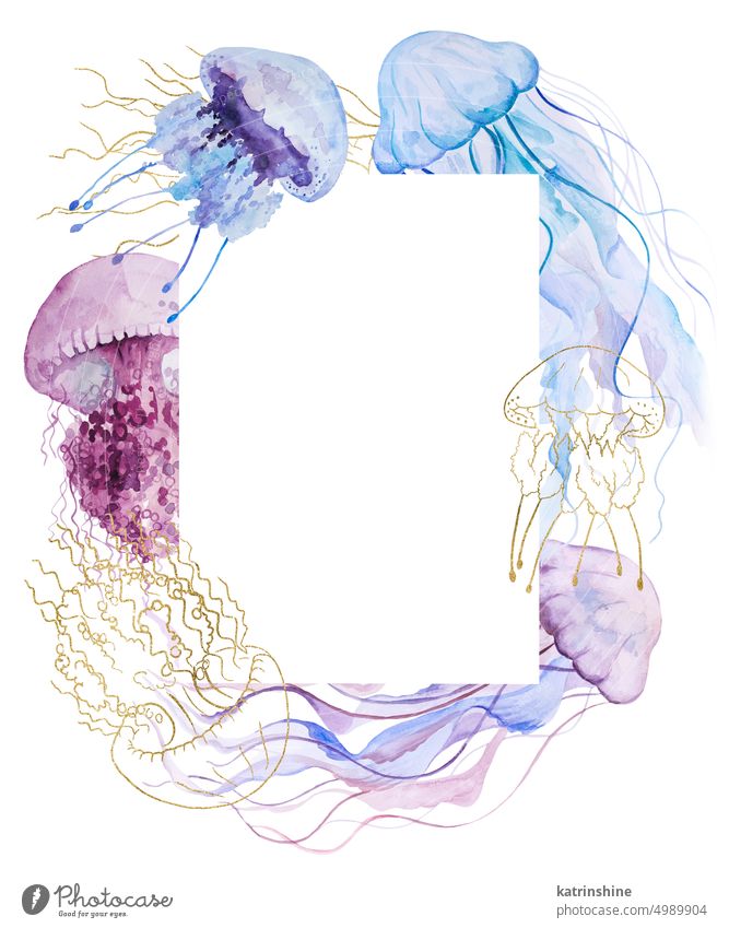 Rahmen mit Aquarell Golden, rosa und hell lila Quallen, nautischen Meer Hochzeit Illustration Dekoration & Verzierung Zeichnung Element exotisch handgezeichnet