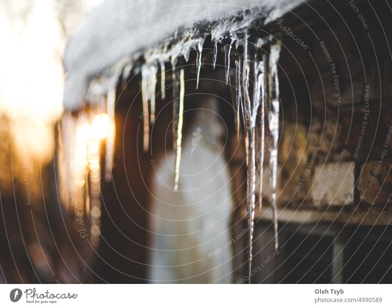 Winter, Eiszapfen hängen vom Dach, Sonnenuntergang Schnee Hintergrund kalt Frost Natur Saison Weihnachten Wasser Kristalle durchsichtig im Freien zerlaufen