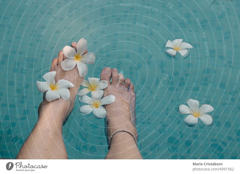 Hohe Winkel Ansicht der Füße Einweichen in blauen klaren Wasser mit Frangipani Blumen verwöhnend Selbstfürsorge Lifestyle Draufsicht Sommer Wellness