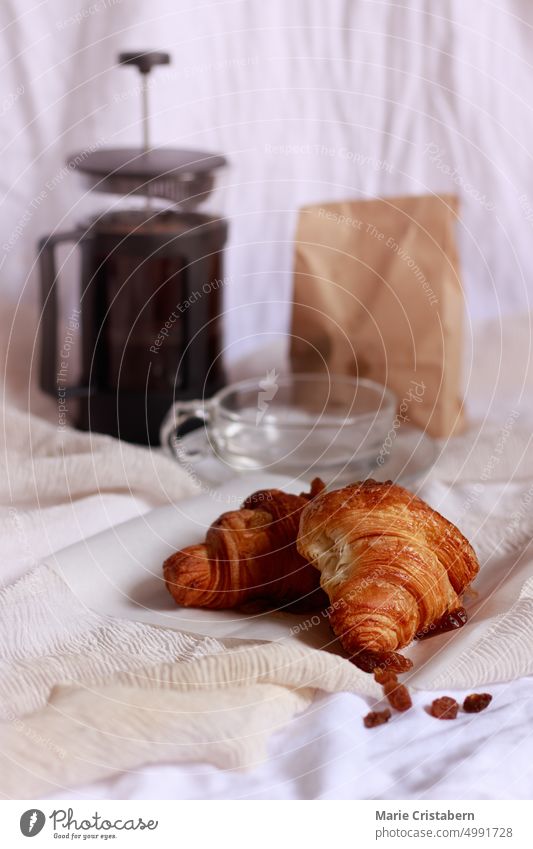 Croissants und Kaffee aus einer französischen Kaffeemaschine für ein einfaches französisches Frühstück französische Presse Wohlbefinden Feinschmecker Koffein