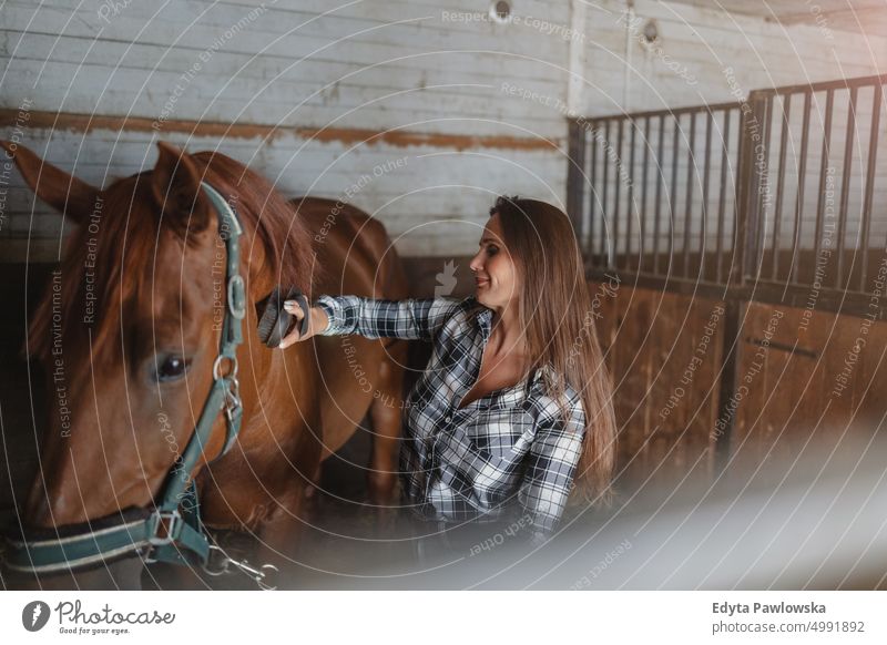 Frau bürstet ihr Pferd in den Ställen Ranch Sattel Pferdestall eine Person Menschen Erwachsener Scheune Tiere Ländliche Szene Dompteur Pflege Bauernhof Hobby
