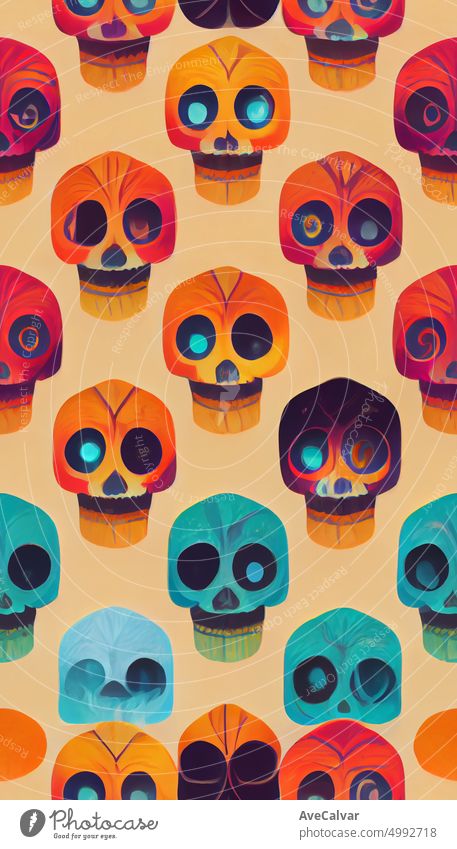 Tag der Toten Schädel Muster. Dia de los muertos Druck. Tag der Toten und mexikanische Halloween Textur. Mexikanische Tradition Fest. Mexiko Tod tot Herz