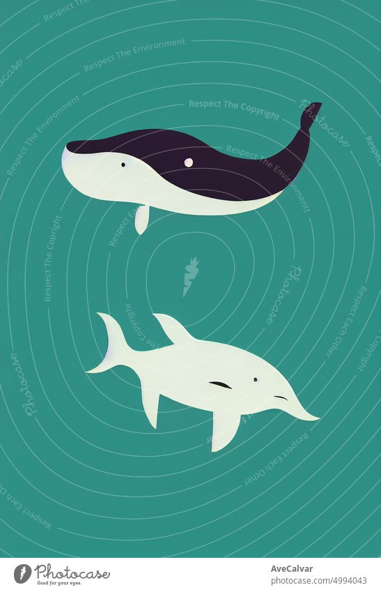 Boho minimale Illustration eines Wals und Meerestiere schwimmen. Grafik u. Illustration Delphine Designelement unterseeisch Kunst Babyparty Hintergründe