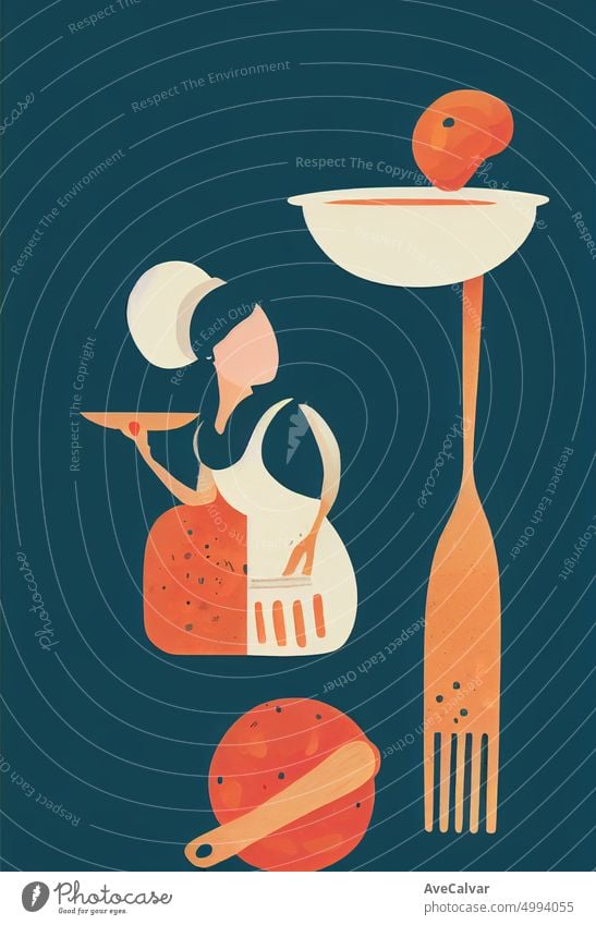Illustration einer Person, die kocht und eine Mahlzeit vorbereitet. Buntes abstraktes Design, flaches Designkonzept mit feinen Linien. Perfekt für Web-Design, Banner, mobile App, Landing Page.