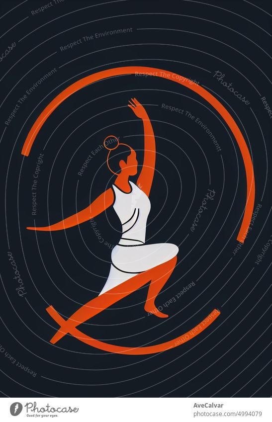 Illustration einer Frau macht Yoga zu entspannen und zu inspirieren. Buntes abstraktes Design, flaches Designkonzept mit feinen Linien. Perfekt für Web-Design, Banner, mobile App, Landing Page.