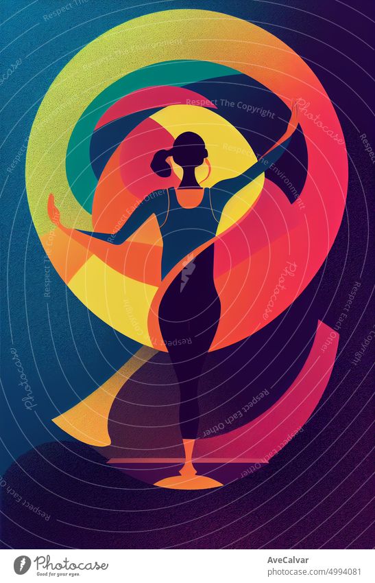 Illustration einer Frau macht Yoga zu entspannen und zu inspirieren. Buntes abstraktes Design, flaches Designkonzept mit feinen Linien. Perfekt für Web-Design, Banner, mobile App, Landing Page.