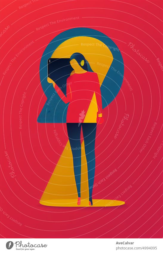 Illustration einer Frau mit einem Smartphone. Buntes abstraktes Design, flaches Designkonzept mit feinen Linien. Perfekt für Web-Design, Banner, mobile App, Landing Page.