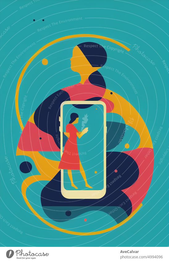 Illustration einer Frau mit einem Smartphone. Buntes abstraktes Design, flaches Designkonzept mit feinen Linien. Perfekt für Web-Design, Banner, mobile App, Landing Page.