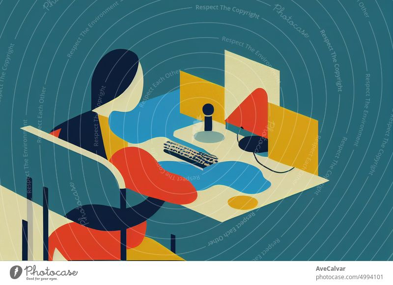 Illustration eines Menschen arbeiten am Laptop im Büro. Buntes abstraktes Design, flaches Designkonzept mit feinen Linien. Perfekt für Web-Design, Banner, mobile App, Landing Page.