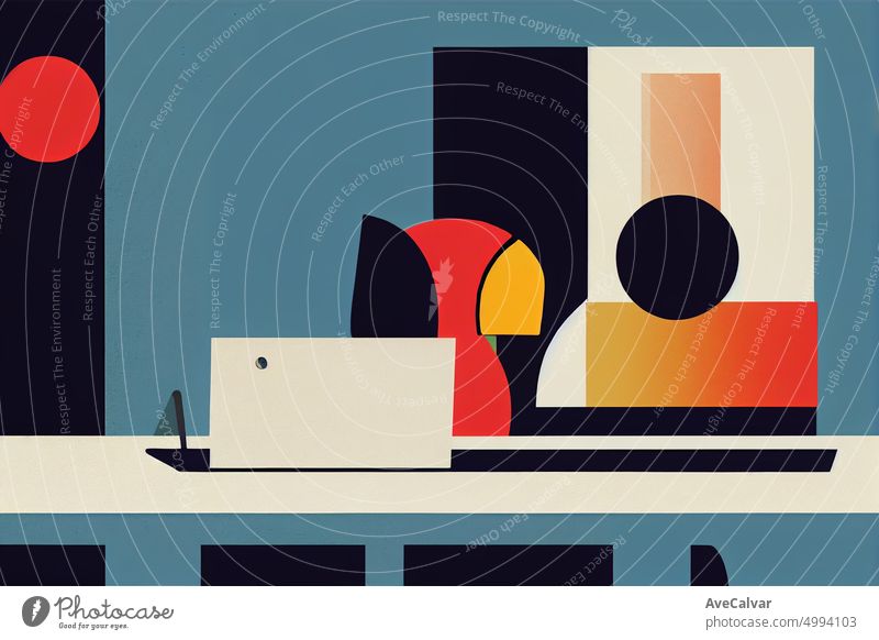 Illustration eines Menschen arbeiten am Laptop im Büro. Buntes abstraktes Design, flaches Designkonzept mit feinen Linien. Perfekt für Web-Design, Banner, mobile App, Landing Page.