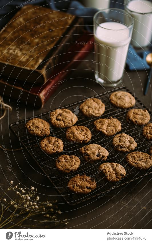 Hausgemachte Schokoladenplätzchen Cookies gebacken Chips Kühlregal knackig Lebensmittel selbstgemacht melken rustikal Glas Zucker süß geschmackvoll lecker