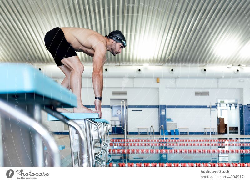 Schwimmer auf dem Block über dem Schwimmbecken in der Halle nach vorne lehnen Podest Sport Pool Schwimmsport vorbereiten professionell muskulös Mann Sportler