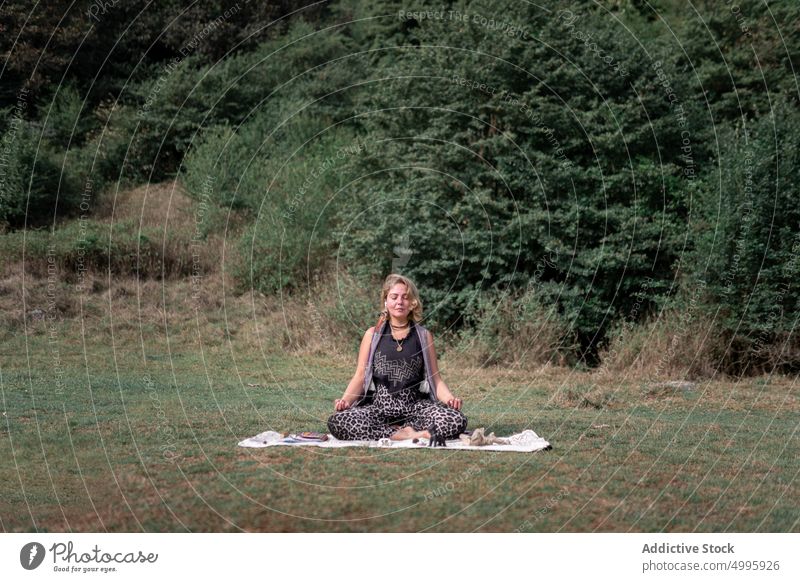 Ruhige junge Frau meditiert mit geschlossenen Augen auf einer Wiese Ohrstöpsel meditieren schamanische Heilung Kristalle Augen geschlossen zuhören Statuette
