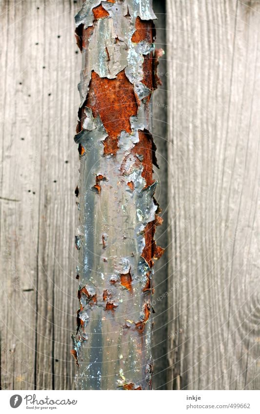 detail 4 Menschenleer Fassade Eisenrohr Röhren Rost Holz Metall alt kaputt braun grau Verfall Vergänglichkeit Wandel & Veränderung verwittert verfallen Riss