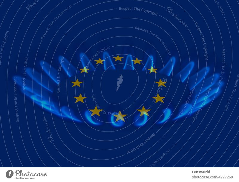 Europäische Union und Gaskrise - EU-Flagge über einem Gaskocher Transparente blau Energiekrise Europa Europäer Fahne Gas-Krise Erdgas Politik Russland Herd
