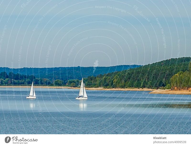Zwei weiße Segelboote auf dem Brombachsee - Herbststimmung Segeln See Wasser Wald Wasserfahrzeug Himmel Schifffahrt Textfreiraum Ferien & Urlaub & Reisen
