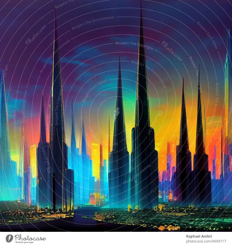 City Skyline Konzeptkunst mit leuchtenden Farben, spitzen Gebäuden und Wolkenkratzern, geometrischen Formen und Vektorbild. Kubisches Design, vereinfachte Stadtlandschaft, Malerei, Konzeptkunst, Illustration