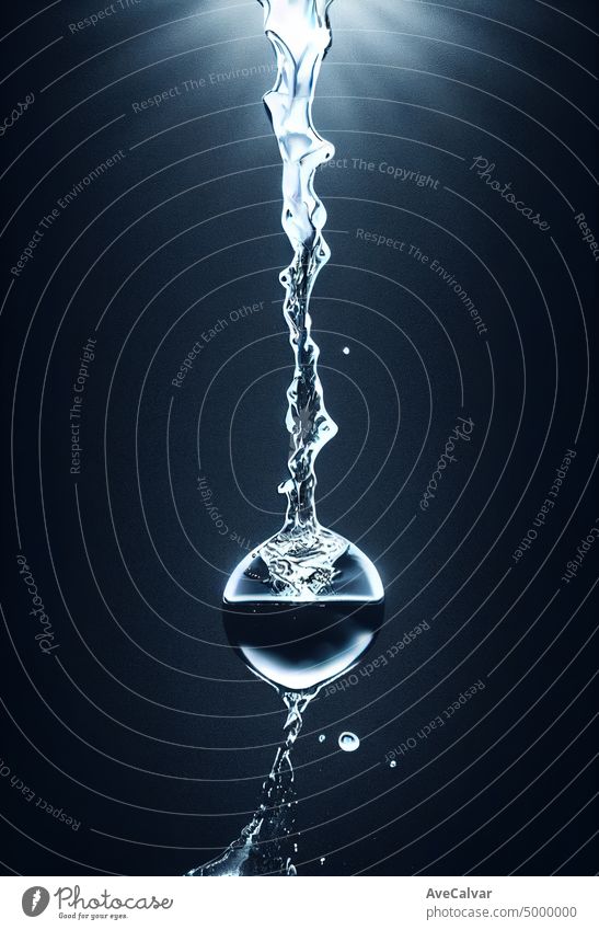 Wasser Flüssigkeit spritzen in Kugelform isoliert auf dunklem Hintergrund cinematic Lichter, 3d illustration.drink mehr Wasser Konzept.Clear Wassertropfen mit kreisförmigen Wellen