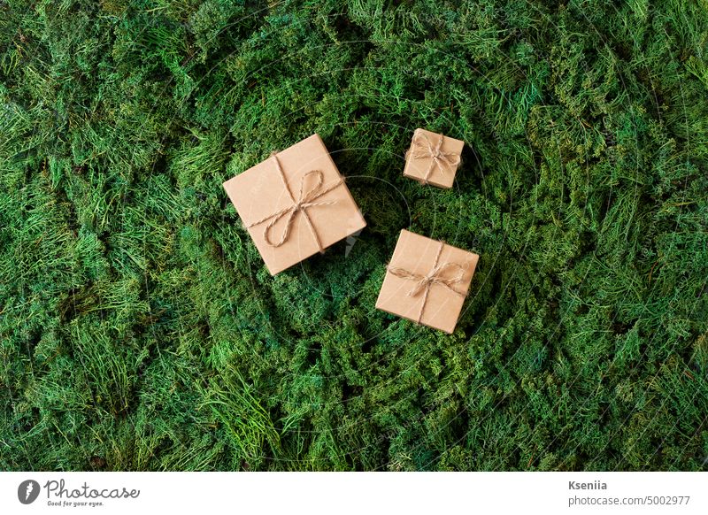 Natürlicher Weihnachtshintergrund mit grünem Moos und verpackten Geschenken in Bastelpapier. Flachlage, Kopierbereich flache Verlegung Textfreiraum Natur