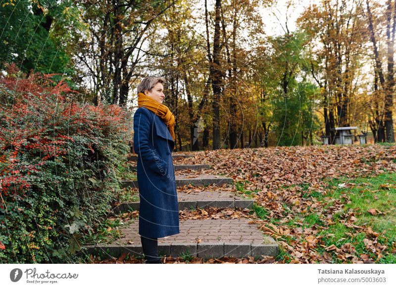 Seitenporträt einer kurzhaarigen Blondine in Mantel und Schal im Herbst Frau fallen kühl Kälte herbstlich Park Stadtpark Erwachsener blond attraktiv Lebensstile
