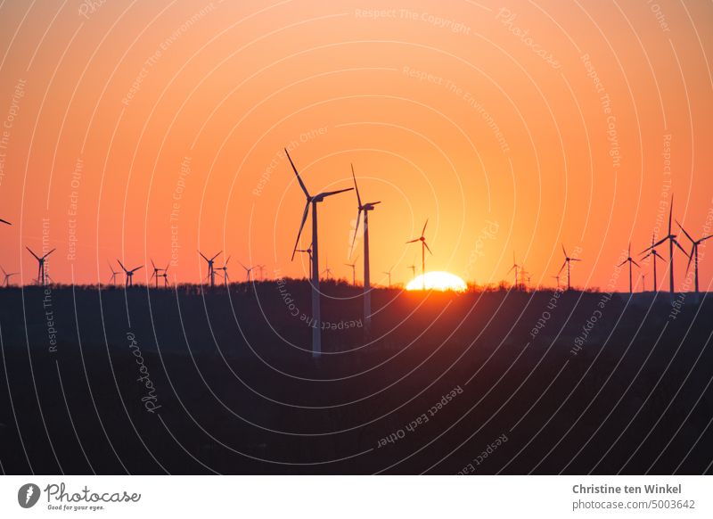 Windkraftanlagen im Sonnenuntergang Energiekrise Windenergie Windpark regenerativ Technik & Technologie Energiewirtschaft Erneuerbare Energie Energie sparen