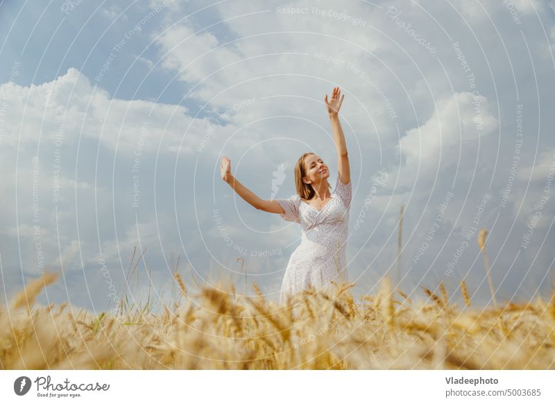 Junge Frau im Sommerkleid tanzt allein im reifen Weizenfeld Feld Korb Kleid Hut Rücken Ansicht Roggen Behaarung blond Weide blau elegant rustikal Land Natur