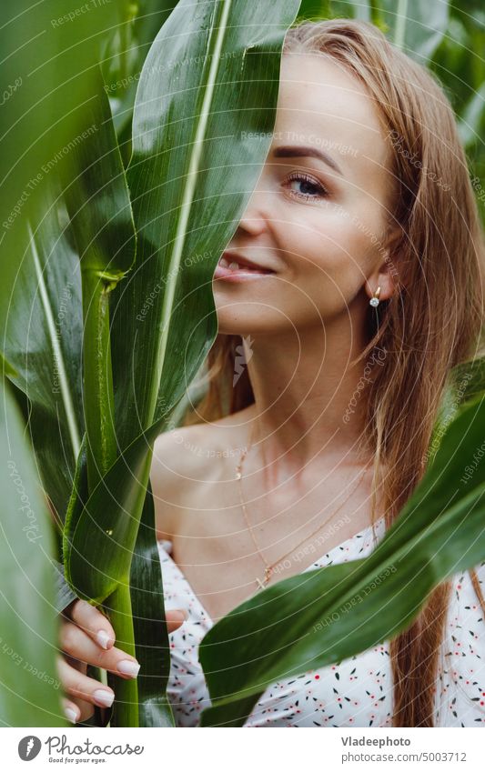 Schönheit Frau Gesicht. Frau Modell mit natürlichen Make-up und gesunde Haut hinter grünem Blatt Pflanze Natur rein Porträt Mädchen tropisch Lächeln Mais