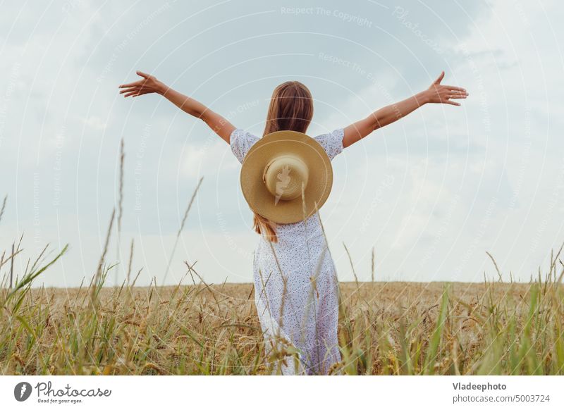 Junge Frau mit Hut und erhobenen Händen in einem Weizenfeld, Rückenansicht. Konzept der Freiheit Feld Natur Sommer Ansicht Rückseite Hand frei jung schön