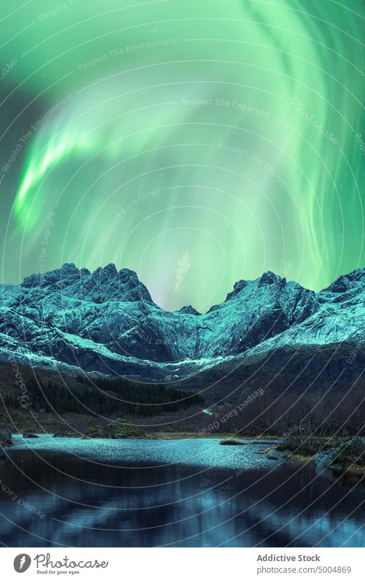 Aurora borealis am Nachthimmel über verschneiten Bergen Nordlicht Berge u. Gebirge nördlich polar Licht Himmel See Winter leuchten Norwegen Lofoten Inseln Natur